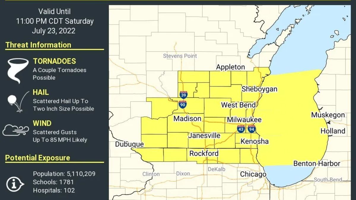 Severe Thunderstorm Watch Issued for Southern Wisconsin: Threat of Tornadoes and 2” Hail