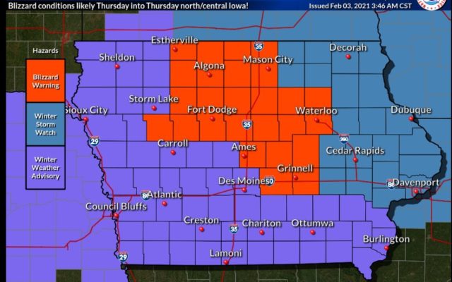 Blizzard Warning for north-central Iowa Thursday morning to Friday morning