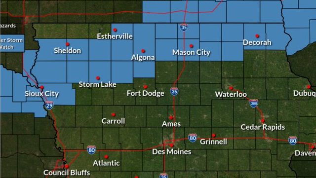Winter Storm Watch for portions of north-central Iowa for Friday afternoon-evening