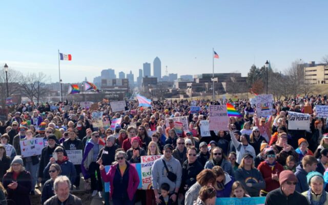 Crowd rallies at Iowa Capitol against GOP’s LGBTQ bills